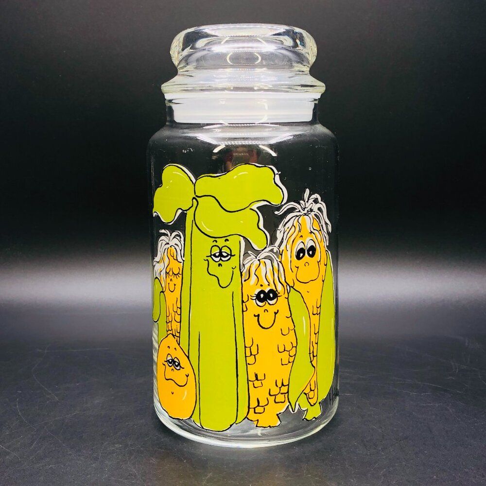 Vintage HILDI Anthropomorphic Vegetable Corn Celery Glass Jar and Bubble Lid